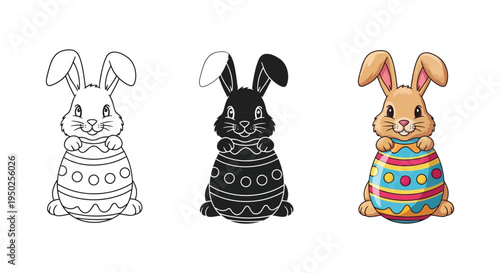 Cute cartoon easter bunny holding a brightly decorated holiday egg illustration set