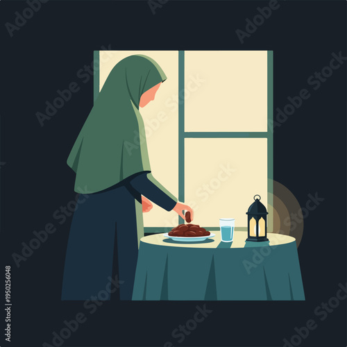 Woman wearing headscarf eating cake by the window alone