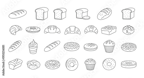 Comprehensive set of black and white bakery outlines including various types of bread, croissants, donuts, muffins, and sweet pastries.