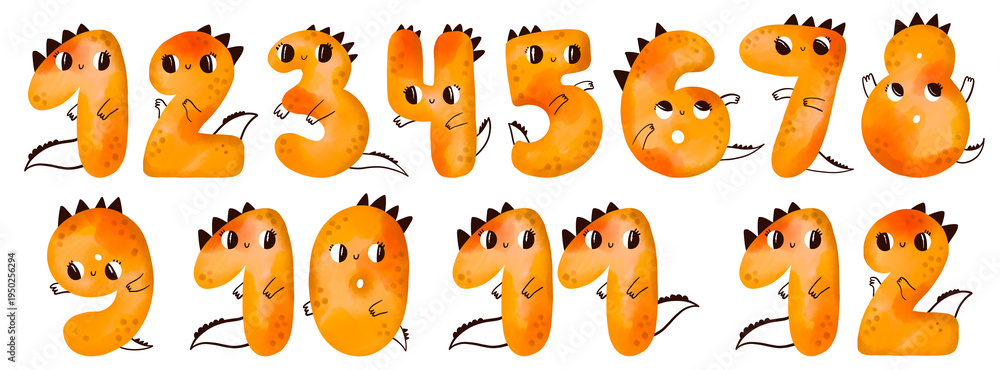 Obraz premium Cute Dinosaur Numbers 1-12 Watercolor Illustration Set. Hand Painted Kids Counting Collection Perfect For Nursery Wall Decor Birthday Designs Classroom Posters Monthly Cards And Educational Prints.