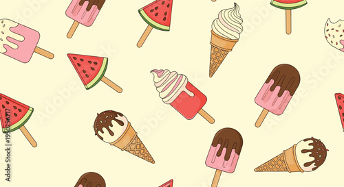 Fun and colorful pattern featuring different types of ice cream cones, popsicles, and watermelon shaped ice treats on a pale yellow background.