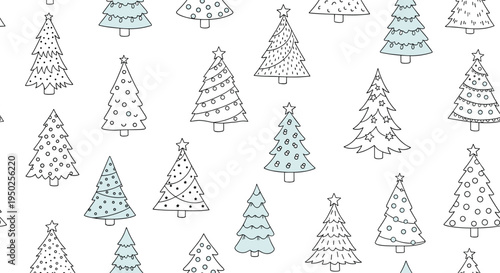 Simple and festive pattern of various hand-drawn Christmas trees in light blue and white colors for holiday wrapping paper and winter decorations.