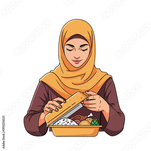 Woman wearing hijab opening a lunch box with food