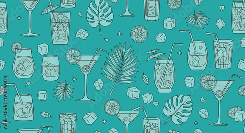 Refreshing cocktail pattern featuring various glasses with drinks, ice cubes, citrus slices, and tropical leaves on a turquoise background.
