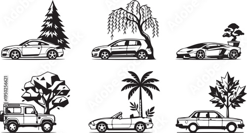 Collection of black and white car silhouettes with various tree species, minimalist automotive and nature vector illustrations