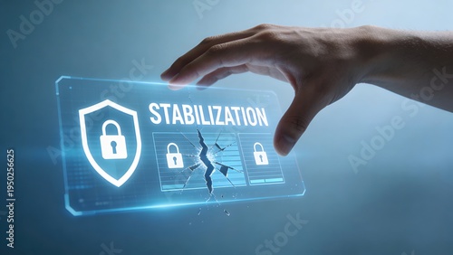 Market liquidity stress - Human hand stabilizing a floating financial interface labeled STABILIZATION with a shield icon and realigning broken market layers concept.