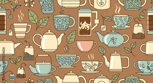 Elegant seamless pattern showcasing various ceramic teapots, decorative teacups, and tea bags on a warm brown background for tea lovers.