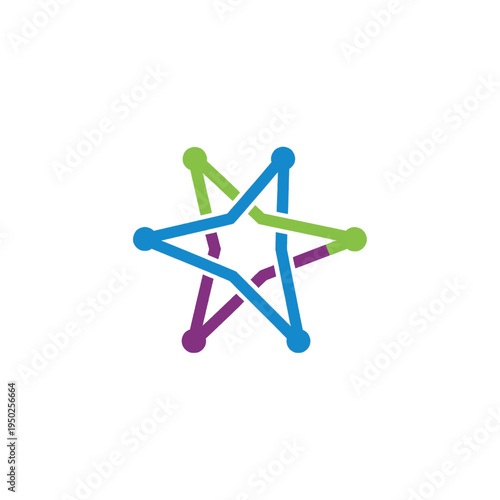 Abstract geometric star shape formed by interconnected lines and dots in blue, green, and purple.
