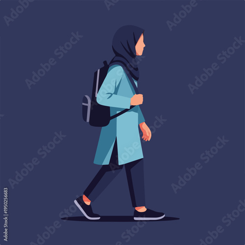 Woman wearing hijab walking with backpack on dark blue background