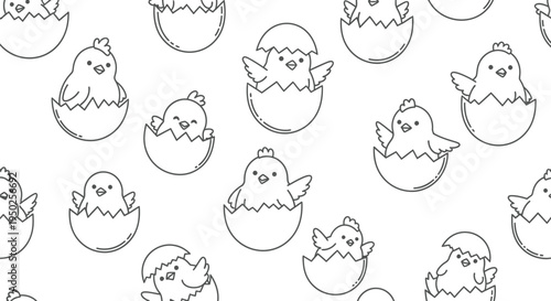 Monochrome vector illustration of various cute chick poses breaking out of their eggshells, seamless pattern