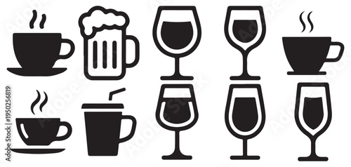Set of alcoholic drink icons including beer mug wine and cocktail glasses black silhouette vector illustration eps 10