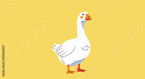 Adorable stylized illustration of a white goose with rosy cheeks and orange details standing against a bright yellow background for kids.