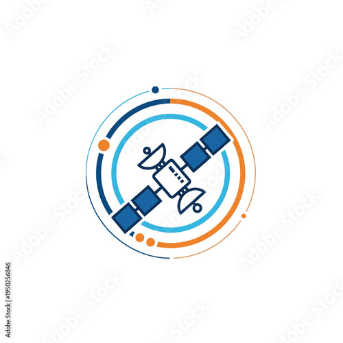 A stylized, modern icon representing a satellite with solar panels and antennas, set within concentric orbital rings.