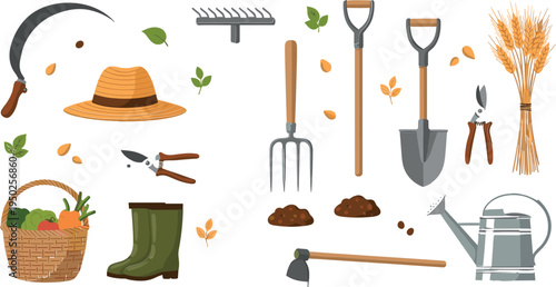 Gardening and Farming Tools Vector Set with Shovel Rake Pitchfork Pruners Watering Can Boots Basket and Harvest Wheat Illustration