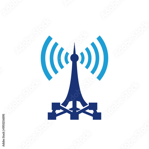 A stylized illustration of a blue telecommunications tower emitting radio waves, symbolizing connectivity and broadcasting.