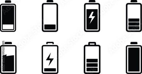 A set of vector battery icons in line art silhouette style for digital and mobile applications