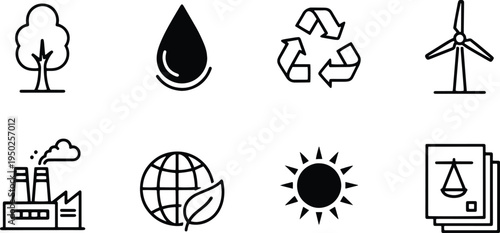 A set of vector line art silhouettes illustrating eco-friendly concepts and sustainable practices in a modern bundle