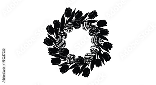 Elegant black and white vector illustration of an Easter wreath featuring tulips and decorated eggs