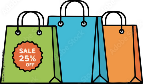 Colorful Shopping Bags with 25% Off Sale Discount Badge — Retail Promotion and Commerce Flat Design Vector