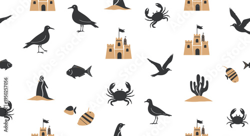 Minimalist seamless pattern showcasing silhouettes of sandcastles, seagulls, crabs, and fish on a clean white background for beach themes.