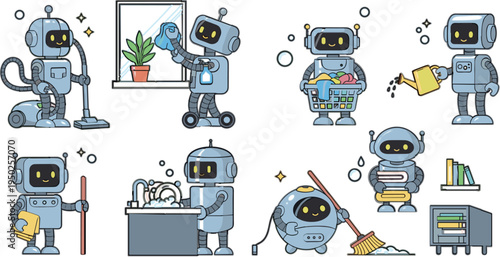 Cute Robot Household Activities Vector Set with Cleaning Cooking Watering Plants Shopping and Home Service Automation Cartoon Characters
