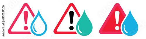 Water, warning icon featuring alert and hazard symbols, representing contamination, flooding, or unsafe water conditions, modern flat vector illustration for public safety, apps, websites, and digital