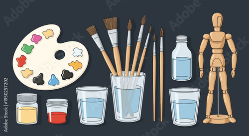 Complete set of artist tools including a paint palette, varied brushes in a glass, jars of pigment, and a wooden drawing mannequin on dark.
