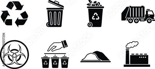 A set of vector line art silhouettes depicting waste management and recycling concepts in a modern style