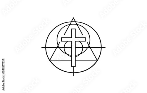 Geometric religious symbol with cross in black line art design