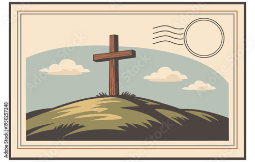 Vintage postcard with wooden cross on hillside landscape and cloudy sky