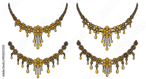 Four detailed sketches of ornate golden floral necklaces with dangling pendants