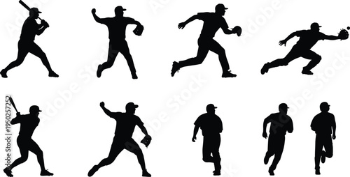 Baseball player silhouettes set, batter pitcher and runner poses, professional baseball sport action, athlete playing baseball game