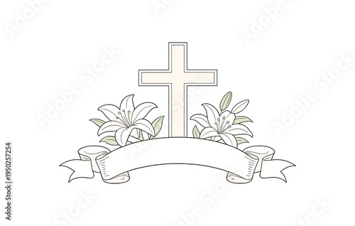 Minimalist cross with lilies and banner design