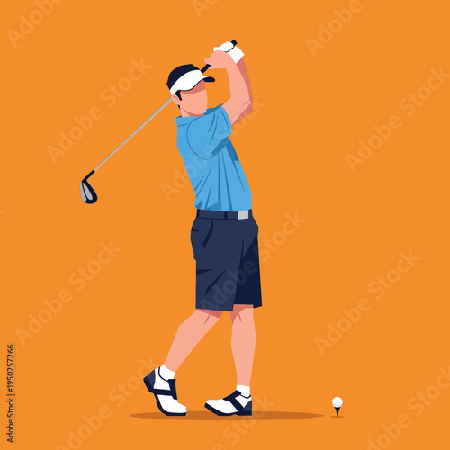 Golfer swinging club on orange background, dynamic action shot
