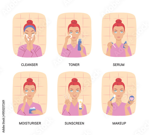 Steps of morning skincare routine. Young woman applying cleanser, toner, serum, cream, sunscreen, makeup. Essential self-care beauty guide. Flat vector illustration.