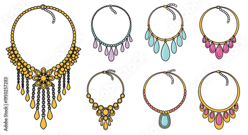 Colorful fashion necklaces with varying designs and decorative pendants displayed