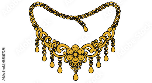 Golden necklace illustration with floral pendant and ornate chain design