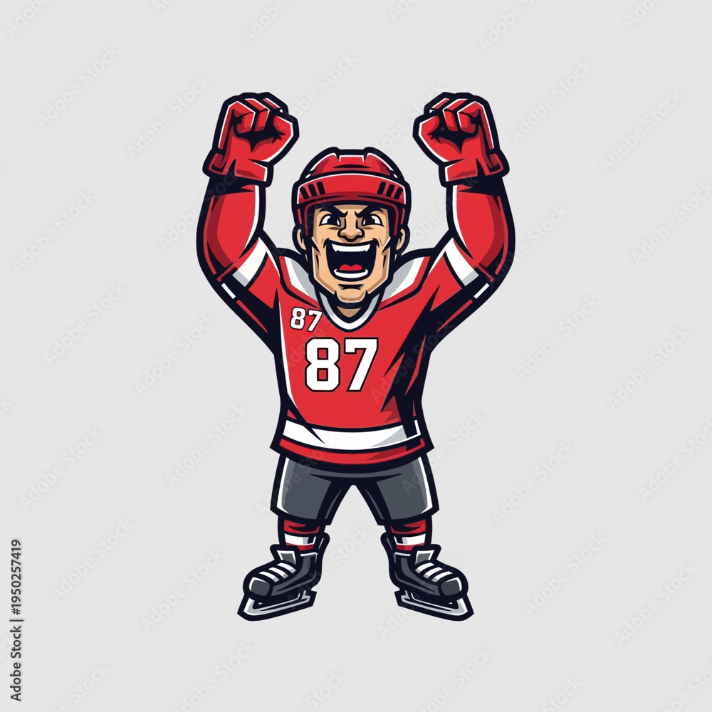 Obraz premium Excited Hockey Player Celebrating Victory with Arms Raised High
