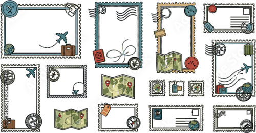 Travel Postage Stamp Frames Vector Set with Airplane Map Compass Luggage and Postal Marks Vintage Airmail Border Collection Design