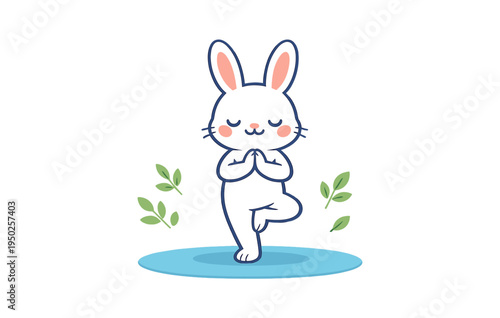 Cartoon bunny practicing yoga on blue mat with green leaves