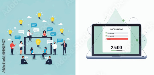 People using devices with ideas and focus mode on screen  technology and communication