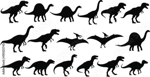 Dinosaur silhouettes collection, prehistoric reptile poses set, tyrannosaurus and pterodactyl figures, jurassic wildlife illustration, ancient creatures