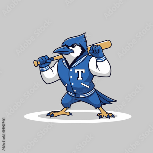 Blue Jay Mascot Holding Baseball Bat, Ready to Play Baseball