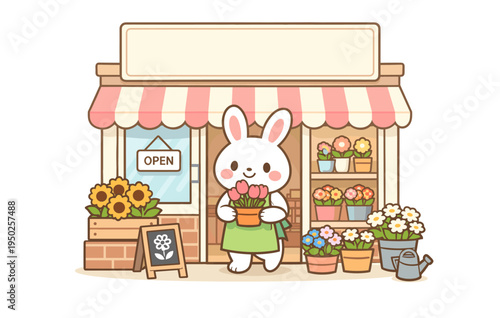 Cartoon rabbit florist with flowers at charming shopfront