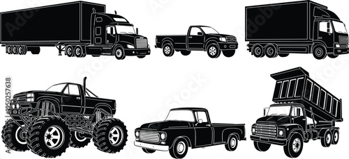Truck and pickup silhouettes collection, transport vehicles set, cargo delivery trucks, monster truck, dump truck, logistics transportation illustration