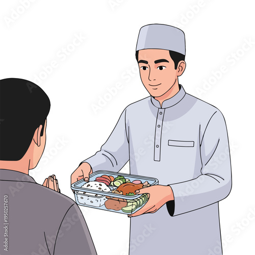 Man in traditional clothing offering food to another person