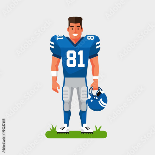 American Football Player in Blue Uniform Holding Helmet