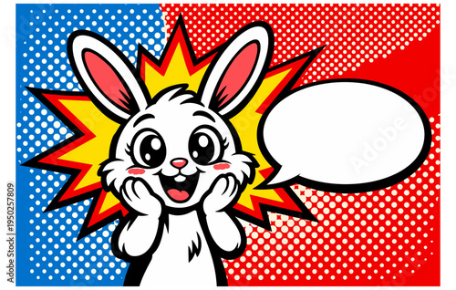 Cute cartoon bunny in pop art style with speech bubble