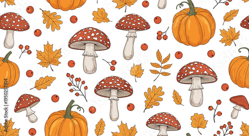Enchanting seamless pattern featuring orange pumpkins, red amanita mushrooms, autumn leaves, and berries on a bright white background.