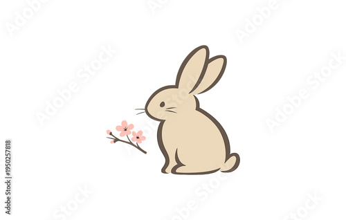 Minimalist cartoon rabbit with cherry blossom illustration